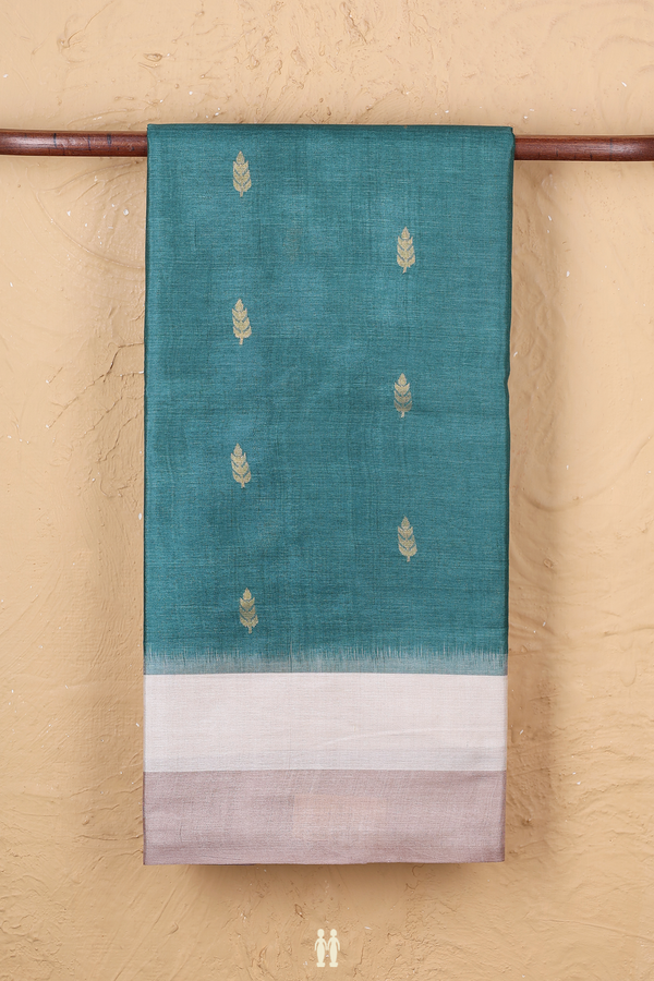 Tussar Silk Saree In Pine Green With Leaf Buttas