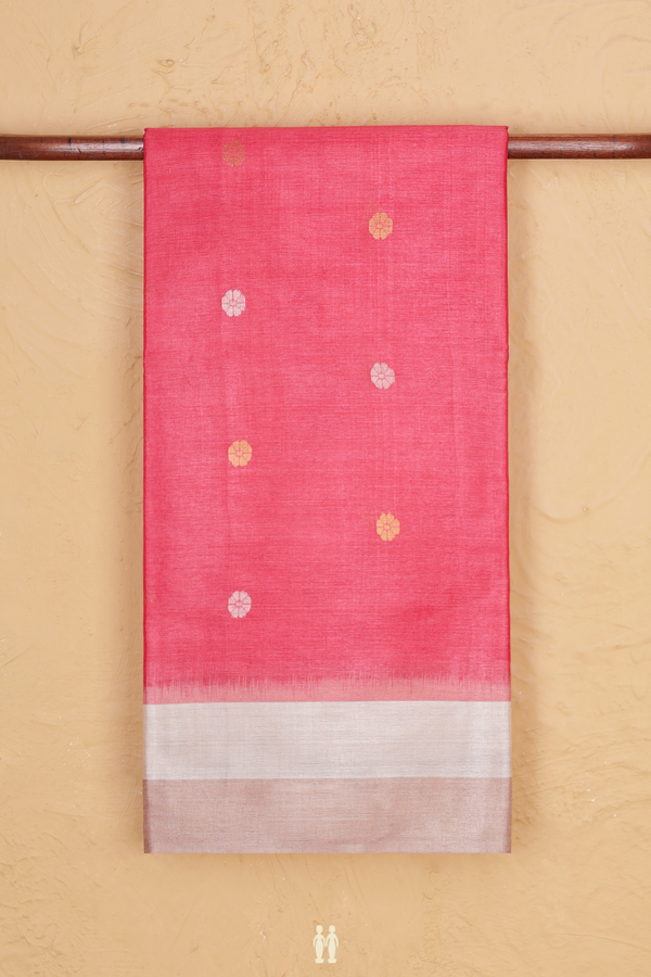 Tussar Silk Saree In Coral Red With Floral Buttas