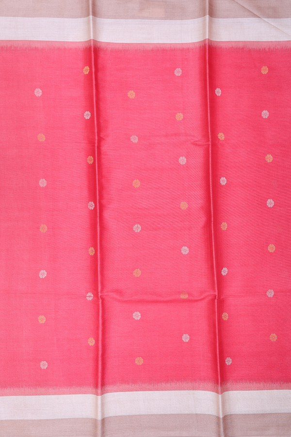 Tussar Silk Saree In Coral Red With Floral Buttas