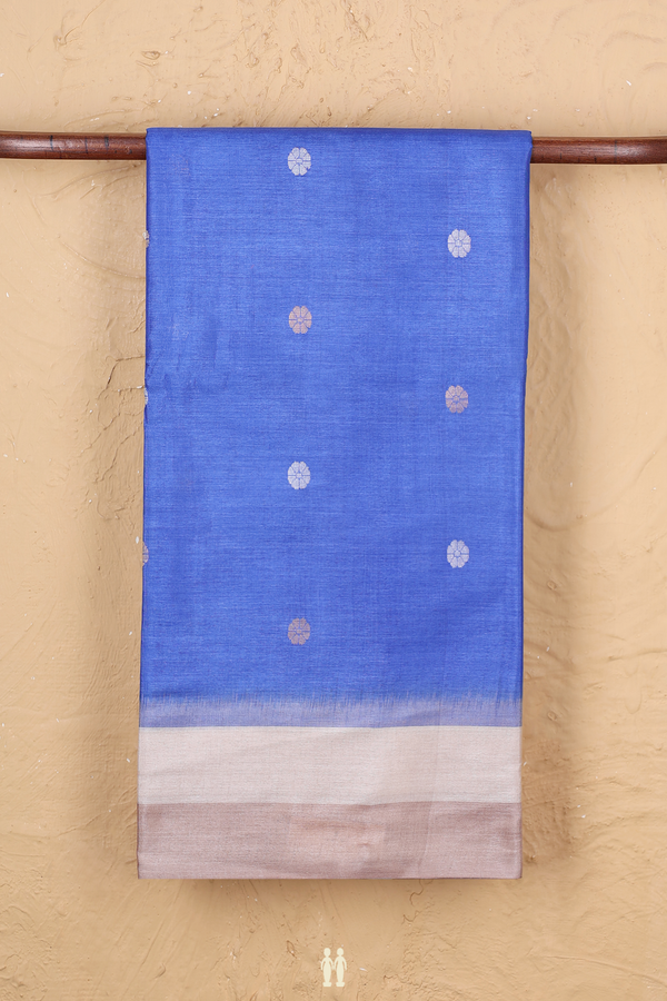 Tussar Silk Saree In Blue With Floral Buttas
