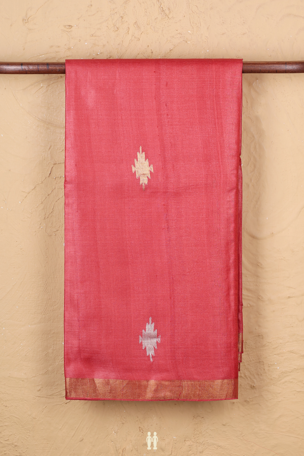 Tussar Silk Saree In Dusty Red With Geometric Buttas