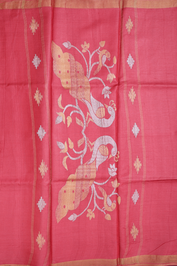 Tussar Silk Saree In Dusty Red With Geometric Buttas