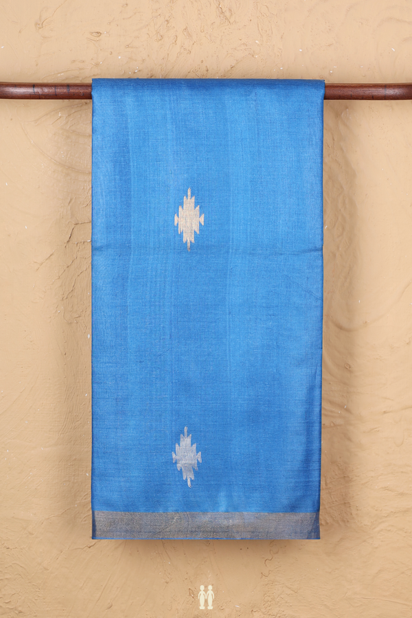 Tussar Silk Saree In Blue With Geometric Buttas
