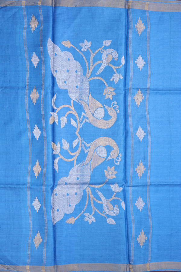Tussar Silk Saree In Blue With Geometric Buttas