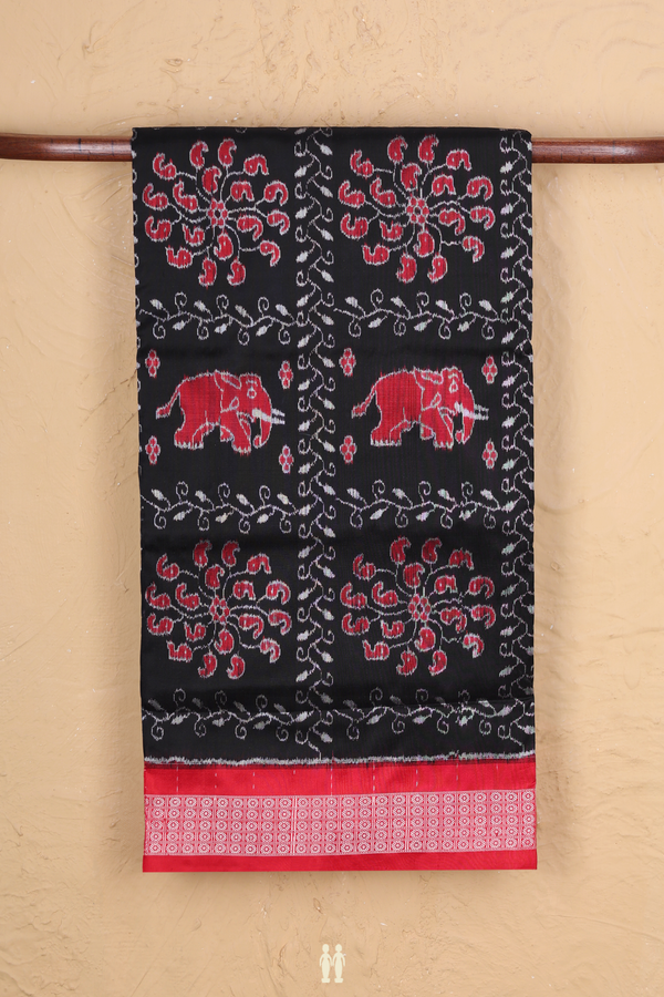Pochampally Silk Saree In Black With Elephant Design