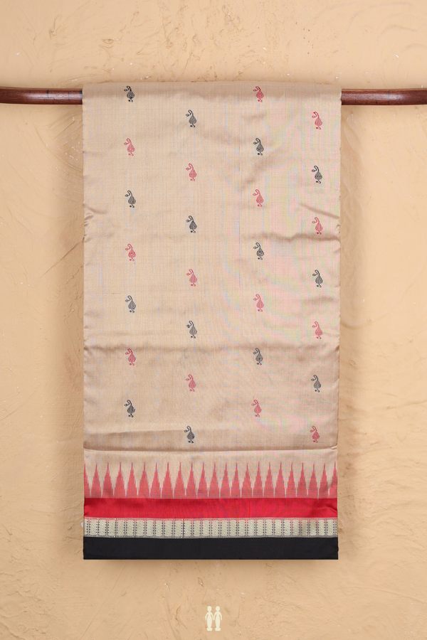 Pochampally Silk Saree In Khaki With Threadwork Buttas