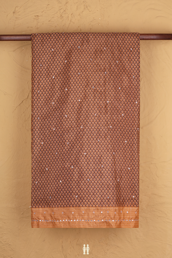 Printed Silk Saree In Blue And Orange With Mirror Buttis