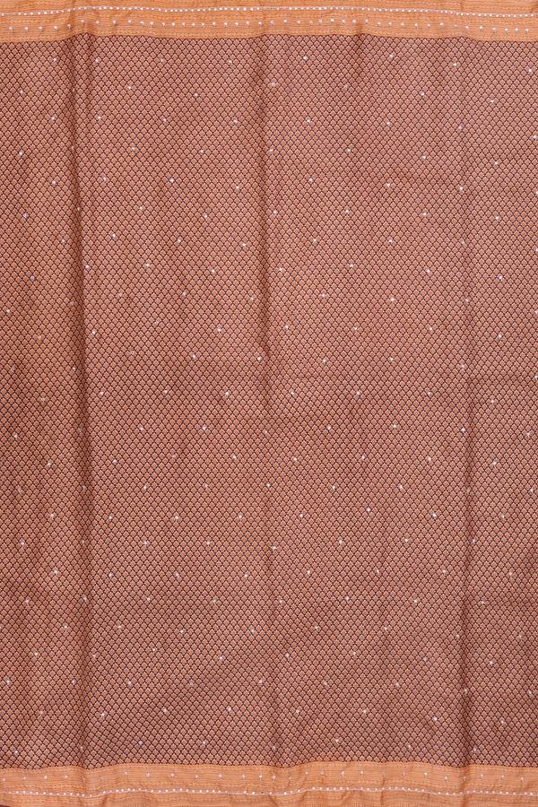 Printed Silk Saree In Blue And Orange With Mirror Buttis