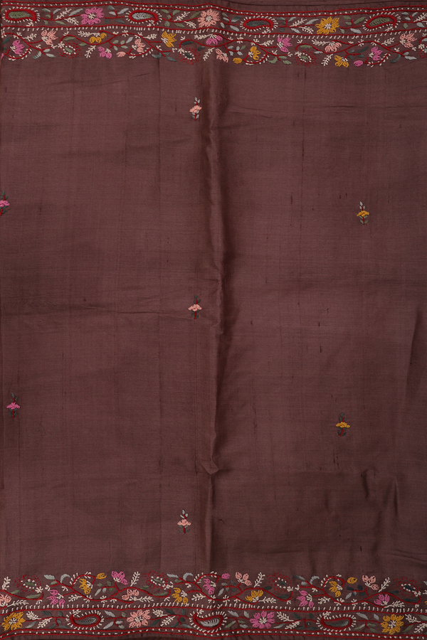Tussar Silk Saree In Cocoa Brown With Floral Buttas