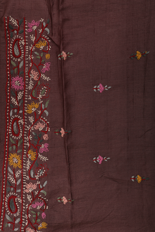 Tussar Silk Saree In Cocoa Brown With Floral Buttas