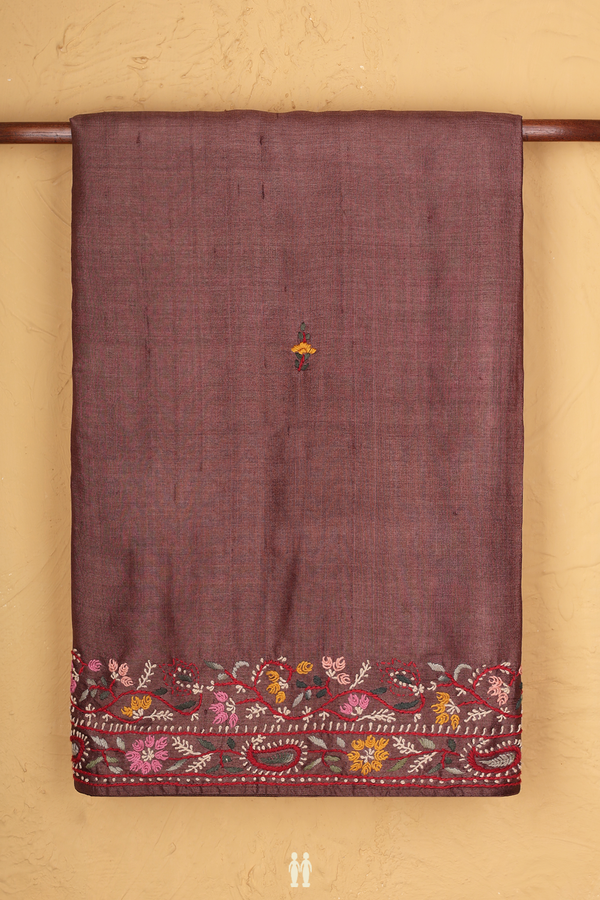 Tussar Silk Saree In Cocoa Brown With Floral Buttas