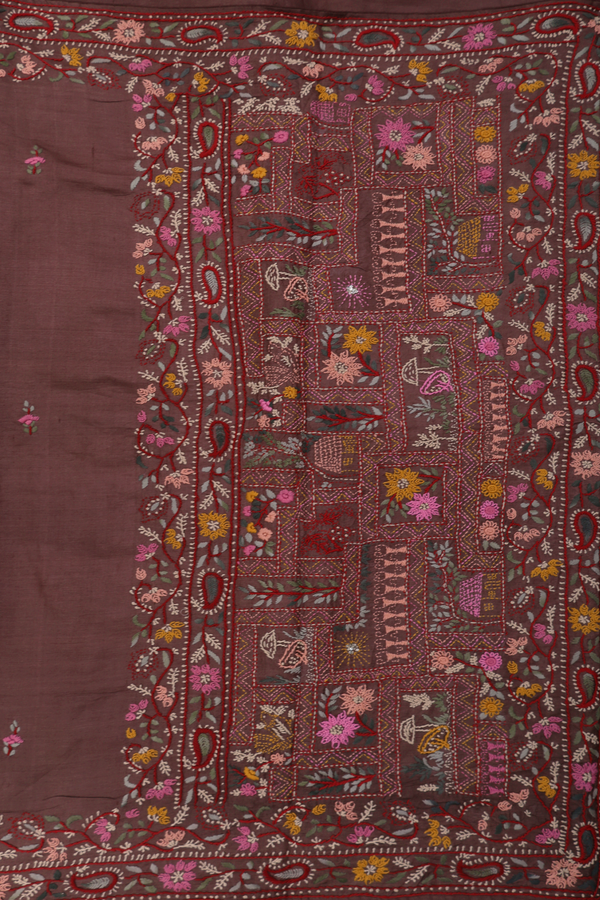 Tussar Silk Saree In Cocoa Brown With Floral Buttas