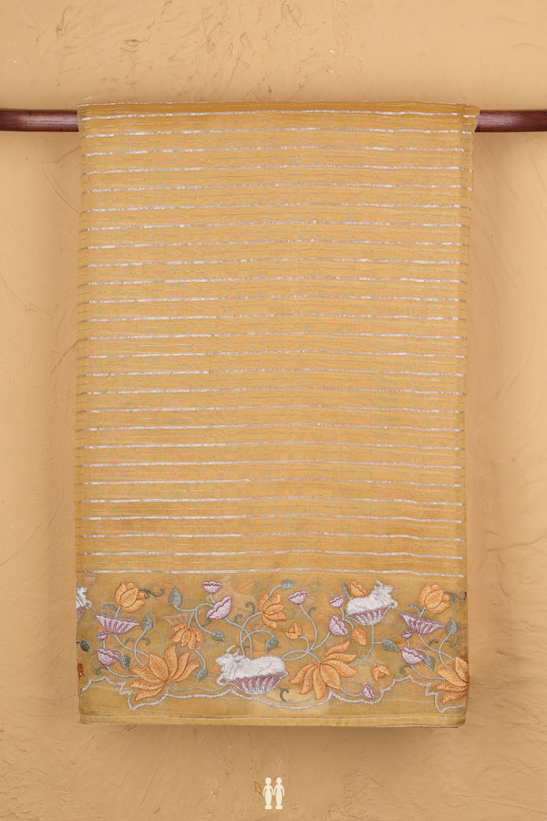 Organza Silk Saree In Yellow With Stripes Design