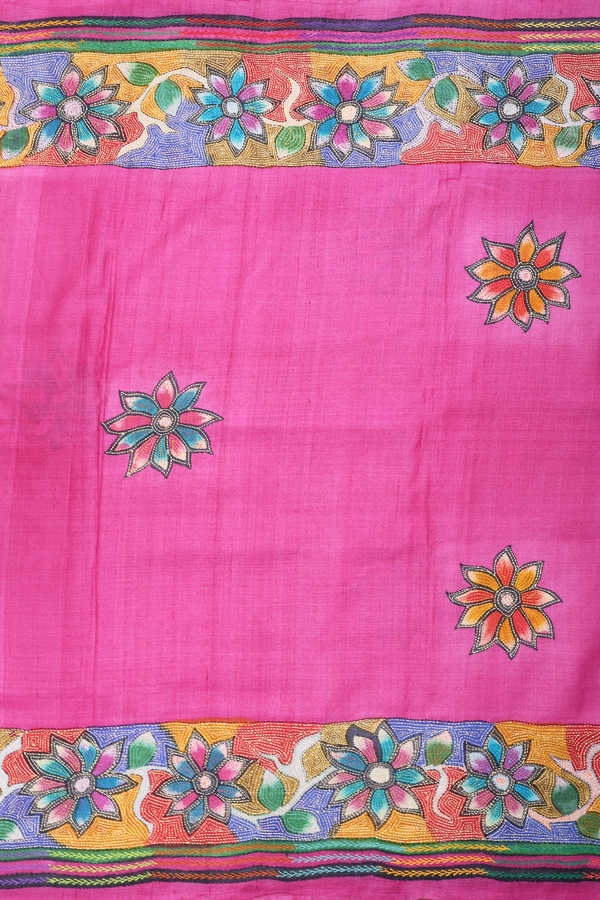 Tussar Silk Saree In Pink With Floral Design