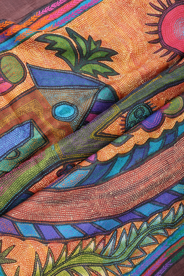 Tussar Silk Saree In Dark Brown With Floral Design