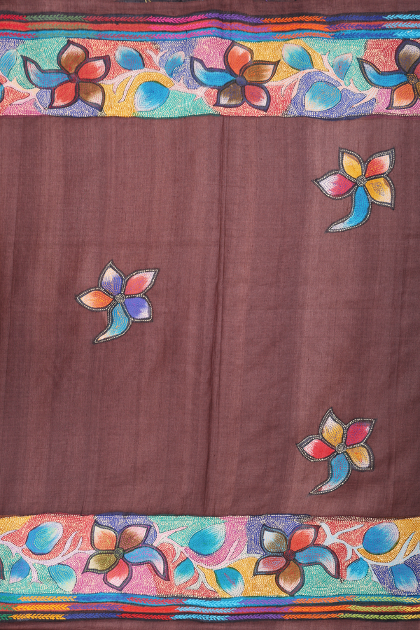 Tussar Silk Saree In Dark Brown With Floral Design