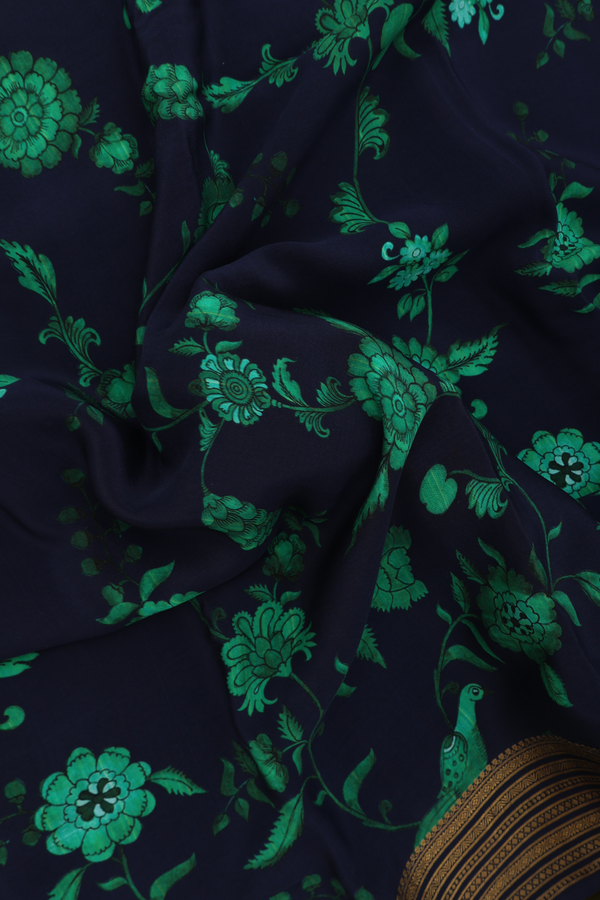 Crepe Saree In Navy Blue With Floral And Parrot Design