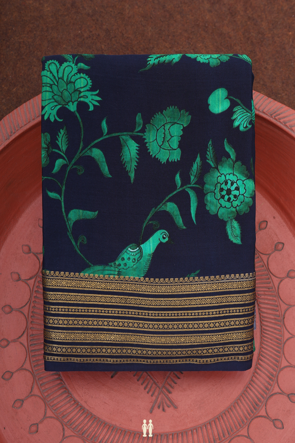 Crepe Saree In Navy Blue With Floral And Parrot Design