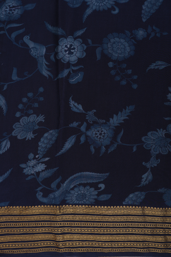 Crepe Saree In Navy Blue With Floral And Parrot Design