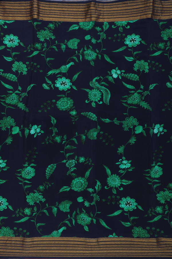 Crepe Saree In Navy Blue With Floral And Parrot Design