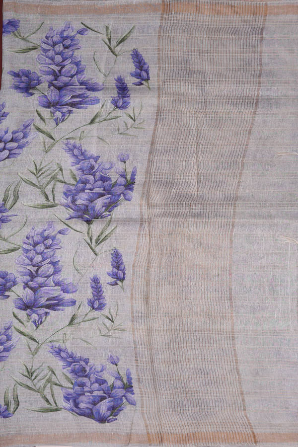 Linen Saree In White With Floral Design