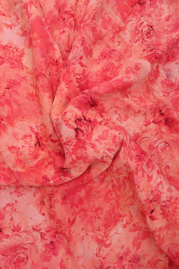Chiffon Saree In Dusty Red With Floral Printed Design