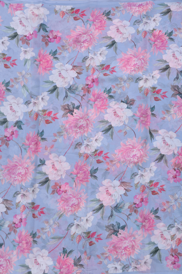 Chiffon Saree In Stone Blue With Floral Printed Design