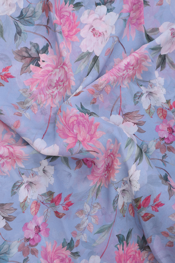 Chiffon Saree In Stone Blue With Floral Printed Design
