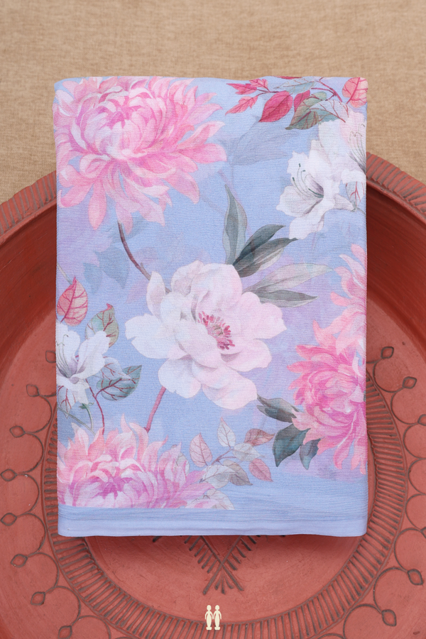 Chiffon Saree In Stone Blue With Floral Printed Design