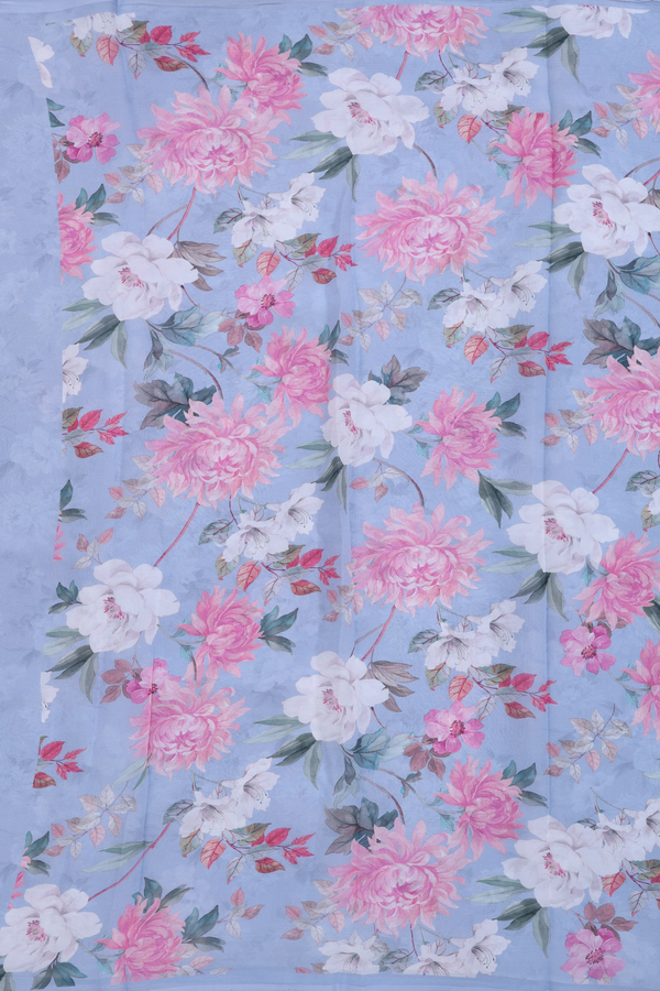 Chiffon Saree In Stone Blue With Floral Printed Design