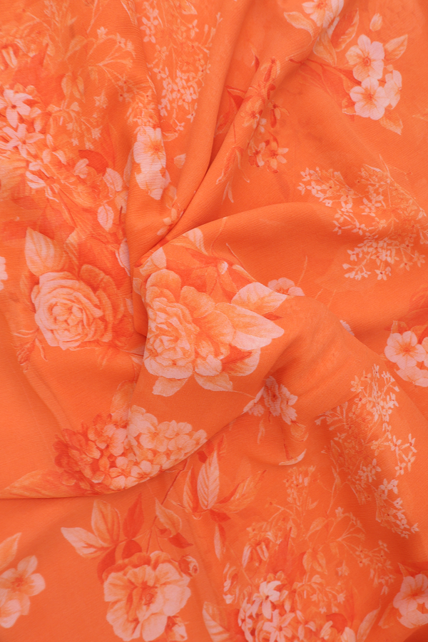 Chiffon Saree In Orange With Floral Printed Design