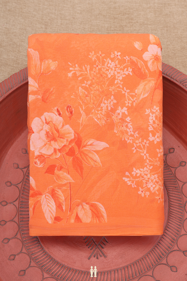 Chiffon Saree In Orange With Floral Printed Design