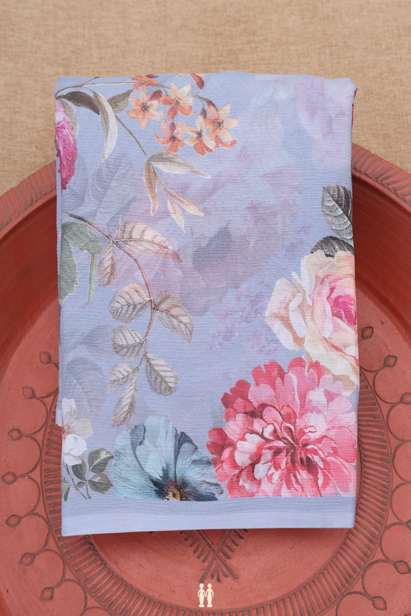 Chiffon Saree In Steel Blue With Floral Printed Design
