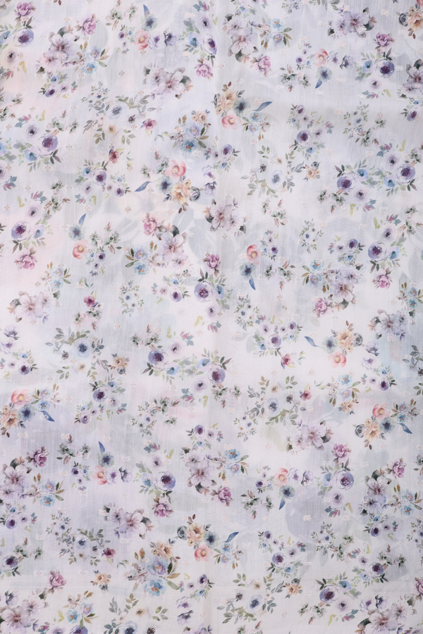 Organza Silk Saree In White With Floral Printed Design