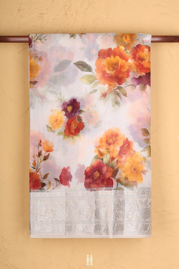 Organza Silk Saree In White With Floral Printed Design