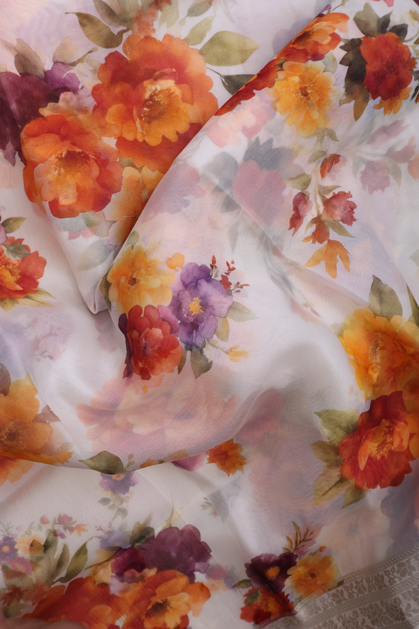 Organza Silk Saree In White With Floral Printed Design