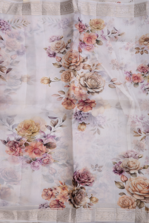Organza Silk Saree In White With Floral Printed Design