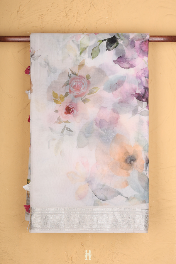 Organza Silk Saree In White With Floral Printed Design