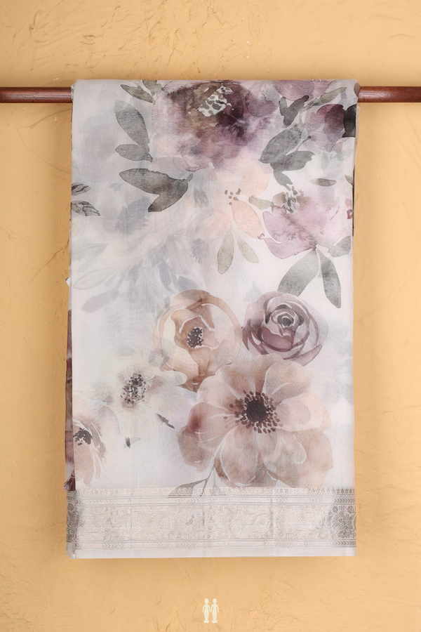 Organza Silk Saree In White With Floral Printed Design