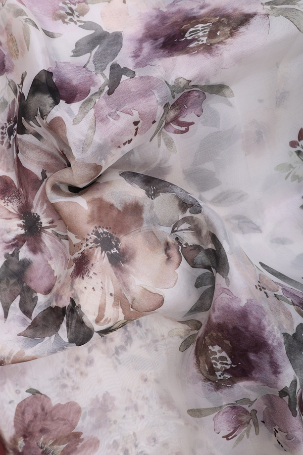 Organza Silk Saree In White With Floral Printed Design