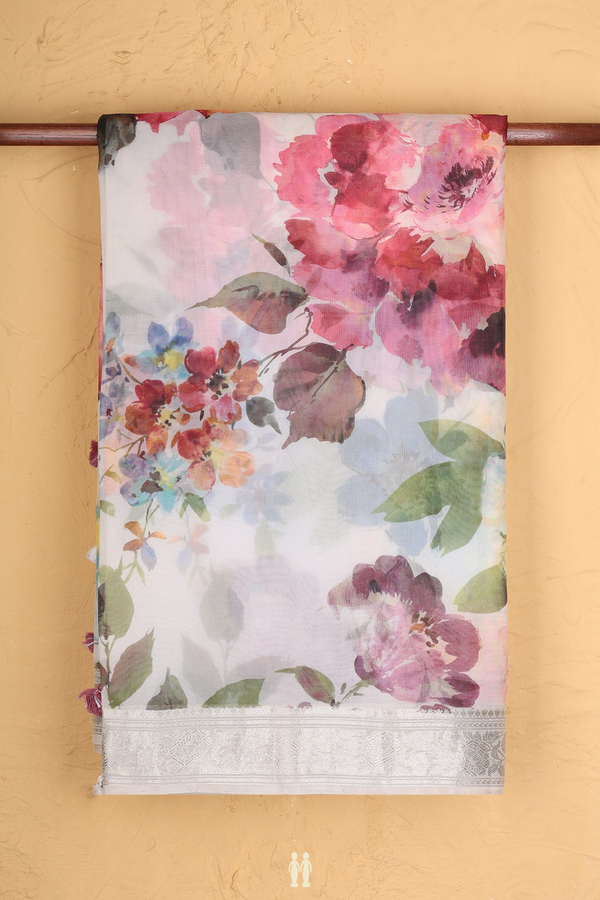 Organza Silk Saree In White With Floral Printed Design