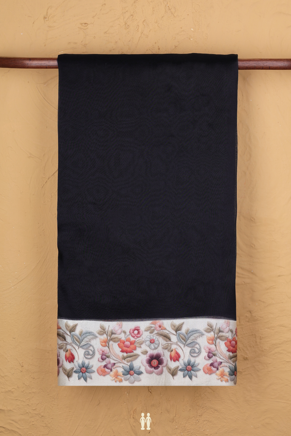 Organza Silk Saree In Black With Floral Border