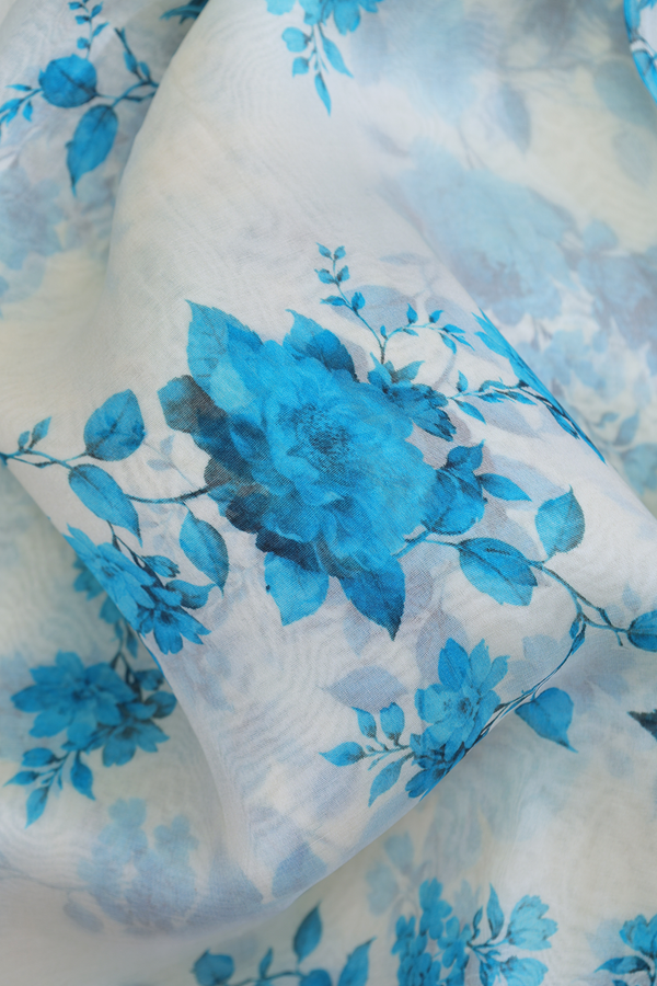 Organza Silk Saree In White With Floral Printed Design