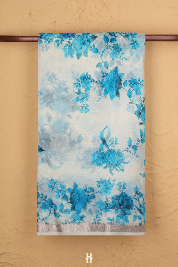 Organza Silk Saree In White With Floral Printed Design
