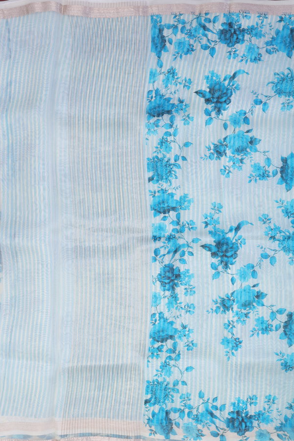 Organza Silk Saree In White With Floral Printed Design