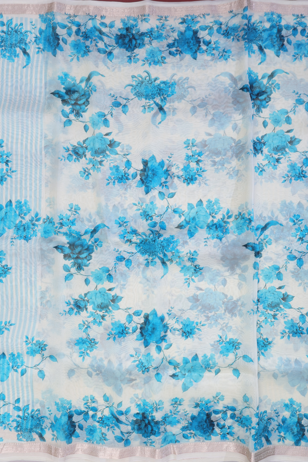 Organza Silk Saree In White With Floral Printed Design