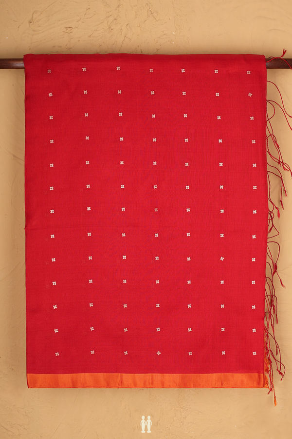 Bailu Silk Saree In Scarlet Red With Chamki Buttas