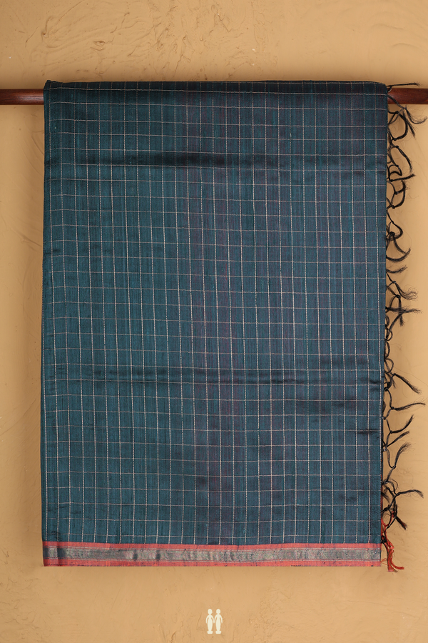 Jute Saree In Pine Green With Checks Design
