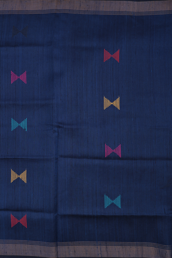 Jute Saree In Navy Blue With Threadwork Buttas