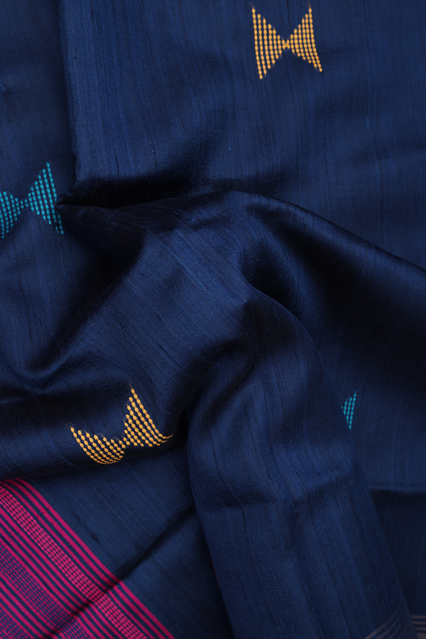 Jute Saree In Navy Blue With Threadwork Buttas